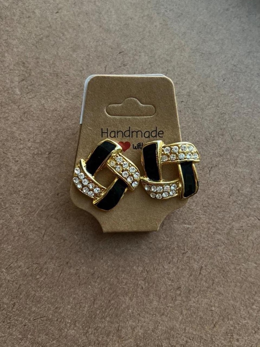 Black and Gold Knot Earrings with Crystals